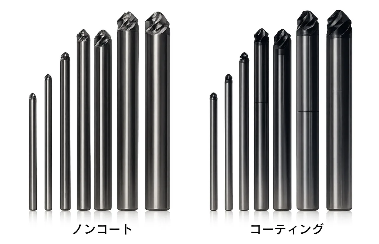 東陽（ToYo Tool）ツイストチャンファーミル（TCM/TCM-C）90°面取り加工用エンドミル（TCM90）ノンコーティングとコーティングありの画像