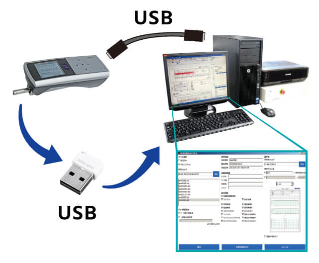 USBケーブルとUSBメモリを使用し測定結果から検査成績書の作成が可能