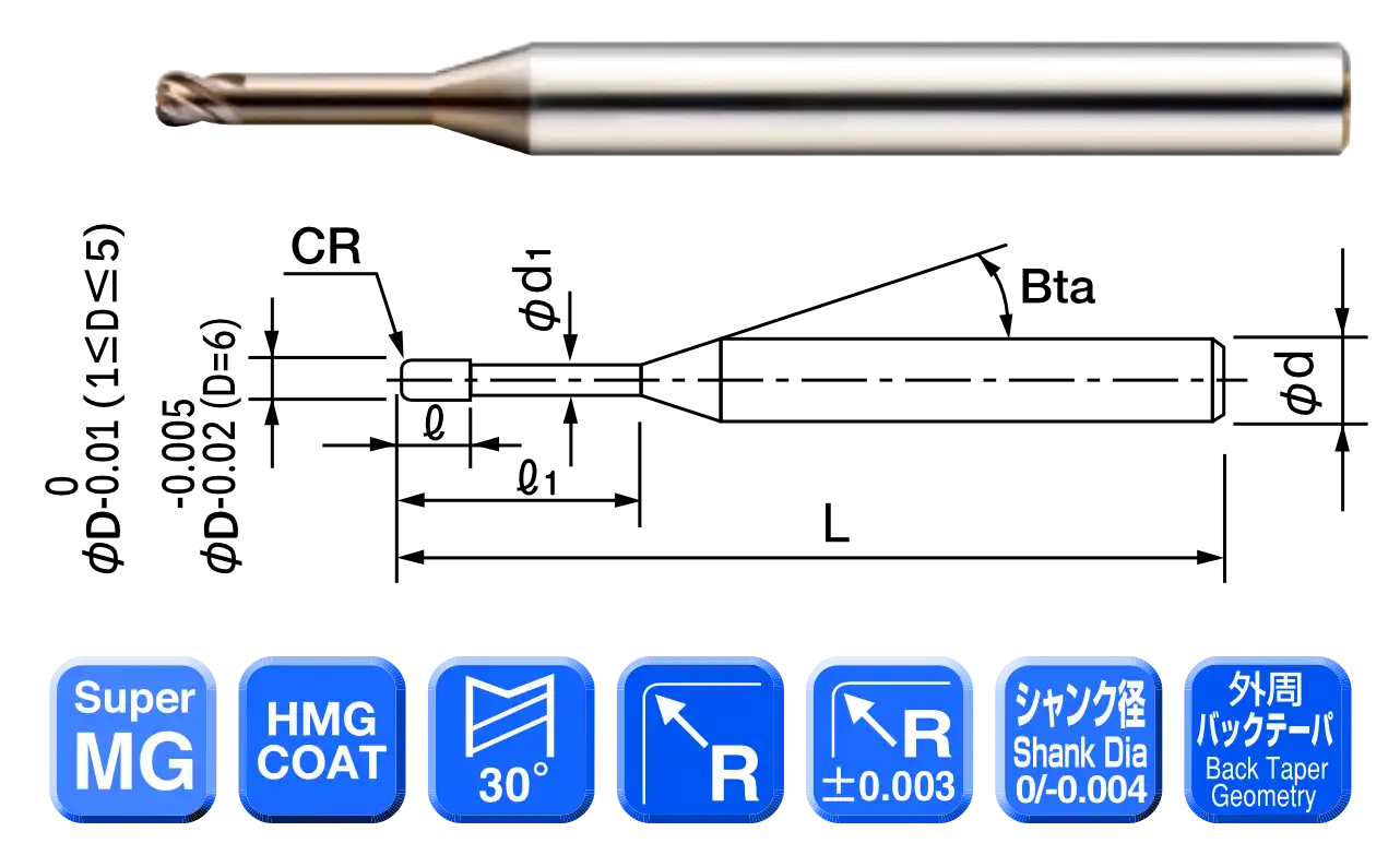 4枚刃 HMGコート 高硬度材加工用ロングネックラジアスエンドミル ユニオン