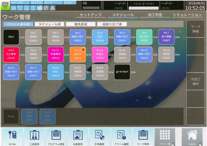 安田工業の5軸マシニングセンタPX30iでの制御装置OPeNeでのワーク管理画面